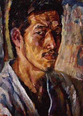 恩地孝四郎　自画像D（白和服）